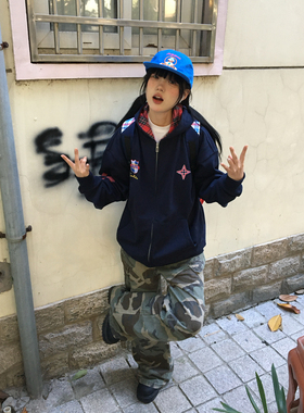 A11SLAVE美式复古做旧印花秋冬款格纹拼接情侣款卫衣连帽开衫外套