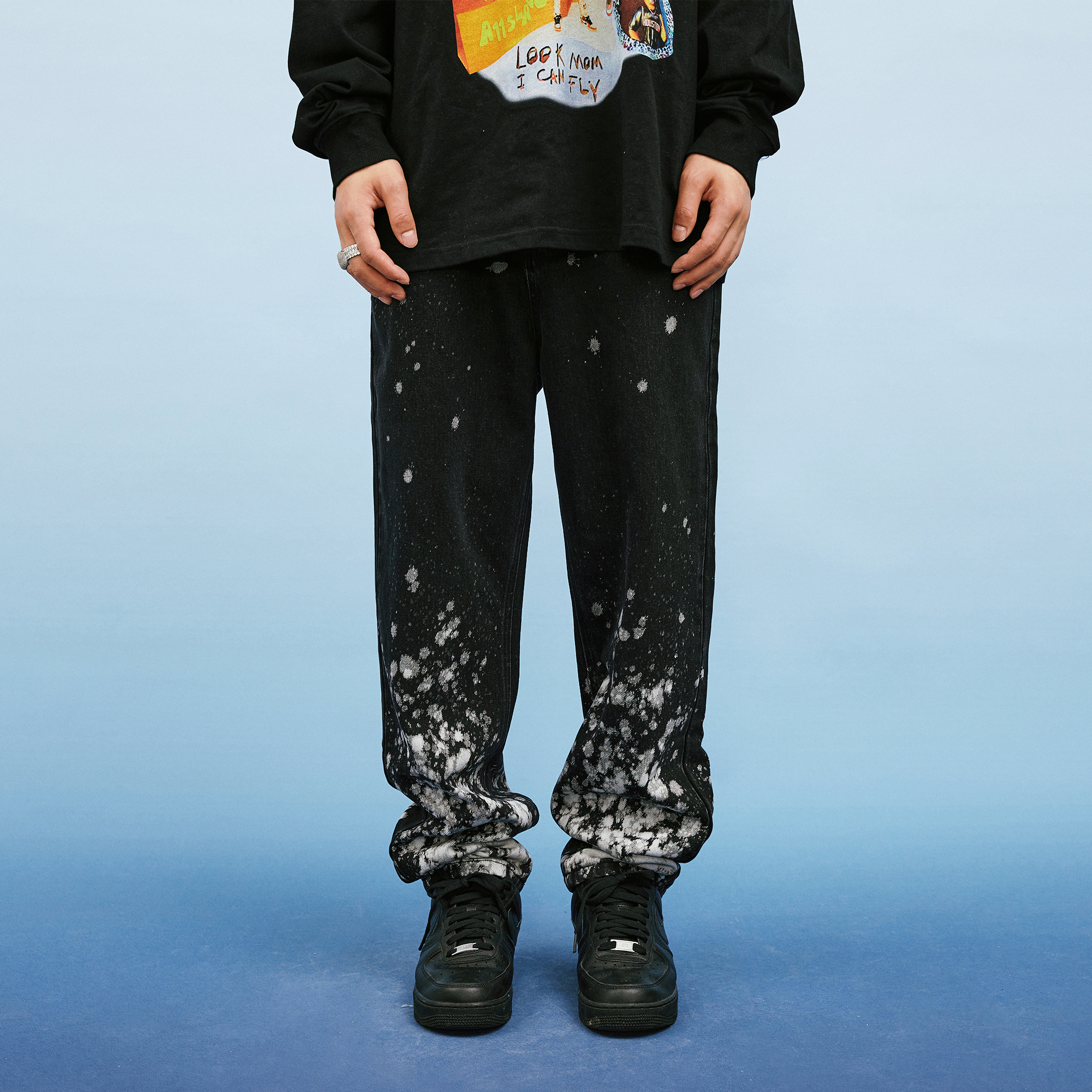 手工泼墨情侣黑色嘻哈牛仔长裤
