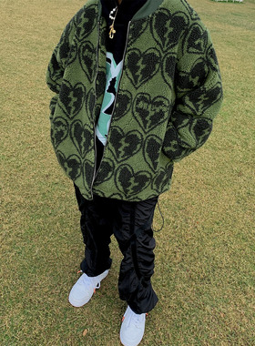 A11SLAVE 爱心心碎满印高街嘻哈潮流宽松情侣男女羊羔绒外套夹克