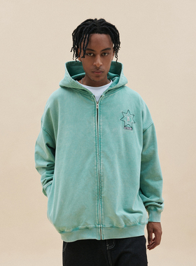 A11SLAVE徽章印花美式做旧高街vibe加绒宽松脏染拉链连帽卫衣外套