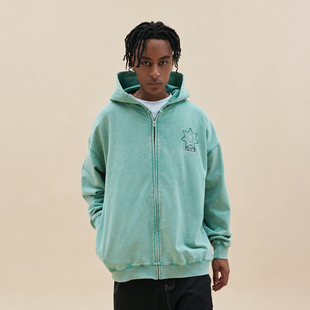 A11SLAVE徽章印花美式 做旧高街vibe加绒宽松脏染拉链连帽卫衣外套