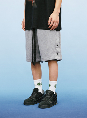 A11SLAVE 拼接毛圈排扣短裤系带宽松潮流吊档飘带潮牌五分裤