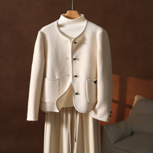 2025秋冬新双面羊绒大衣短款白色拼接圈圈尼羊毛外套小个子外套女