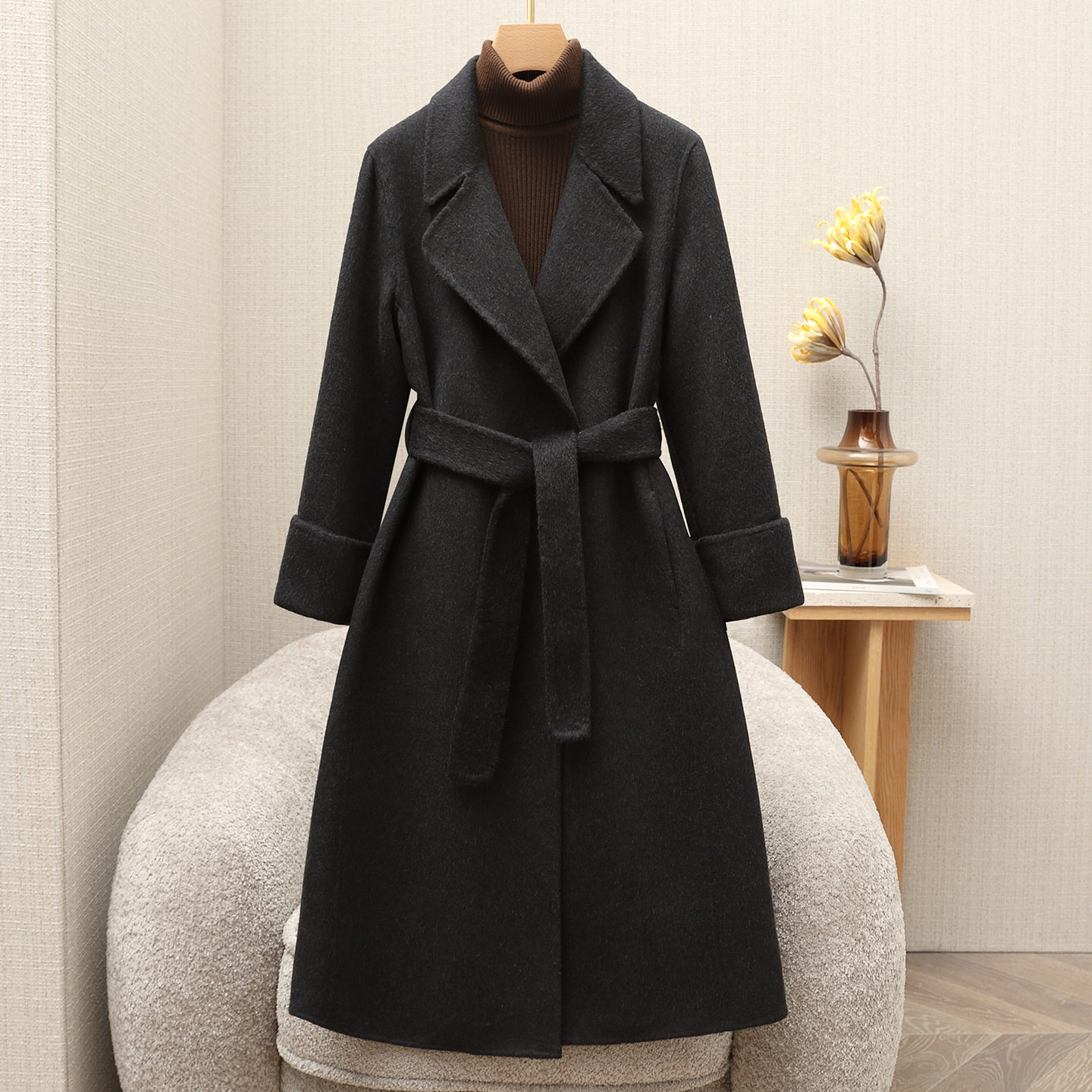 正肩气质西装领系带双面羊毛大衣