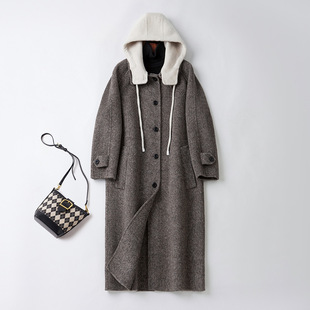 双面羊绒大衣女可拆卸连帽2025秋冬款韩版宽松高档羊毛呢外套大码