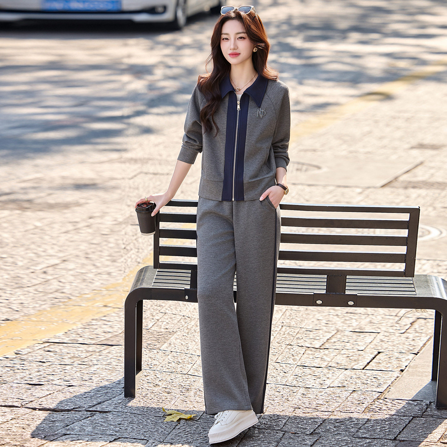 时尚套装2026春季新款气质拼接洋气翻领拉链外套阔腿裤长裤两件套,女装/女士精品,休闲运动套装,淘宝优惠券,粉丝福利购,淘宝优惠卷