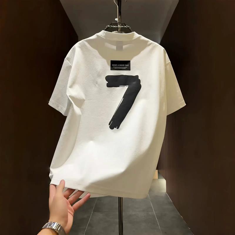 美式潮流数字7印花短袖T恤男女情侣装宽松圆领纯棉百搭半袖T恤衫