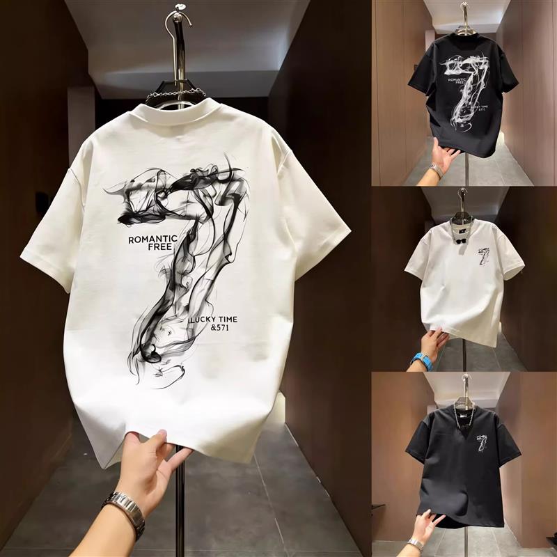夏季新款潮牌数字7印花短袖T恤男重磅纯棉百搭个性打底衫半袖体恤