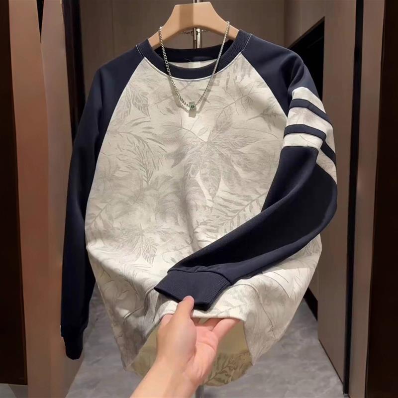 潮牌拼接撞色圆领厚棉T男秋季男士长袖T恤百搭休闲上衣印花打底衫