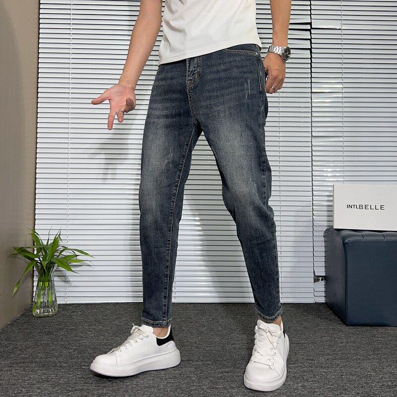 潮牌美式复古修身牛仔裤男2026夏季新款弹力窄脚裤休闲潮流九分裤