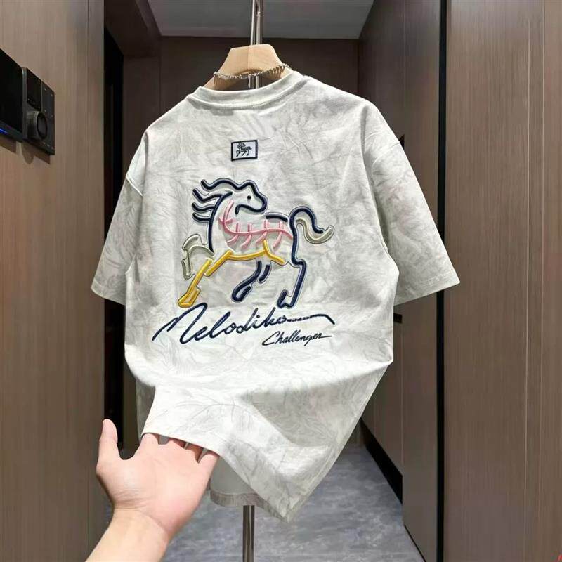 夏季痞帅潮牌刺绣短袖T恤男女圆领国潮半袖百搭个性上衣T恤衫男
