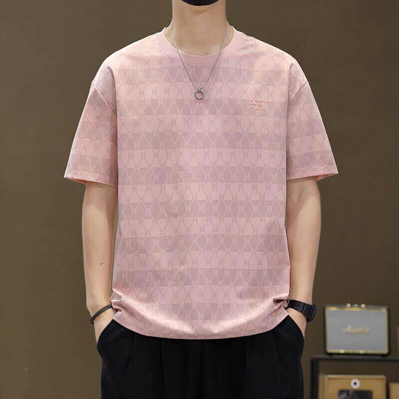 菱形字母短袖T恤男士夏季天丝印花圆领休闲半袖粉色刺绣T恤衫潮T