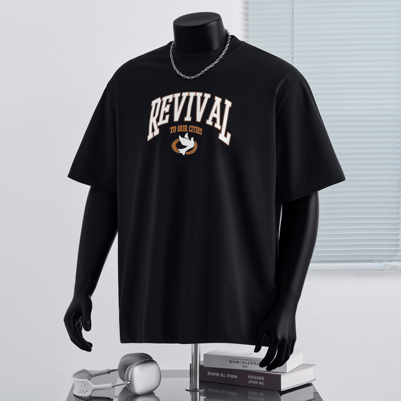 美式复古小众字母植绒短袖T恤男夏季潮牌重磅240g纯棉圆领半袖t恤