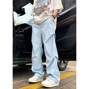 薄款 美式 男2025夏季 潮牌痞帥直筒垂感拖地褲 褶皺設(shè)計傘兵休閑褲 子