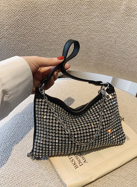 高级感水钻镶钻腋下包2024新款时尚单肩斜跨链条女包手拎小方包