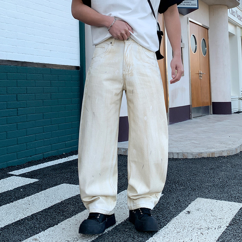 美式高街米白泼墨牛仔裤男 宽松阔腿直筒裤 潮牌街头风白色长裤