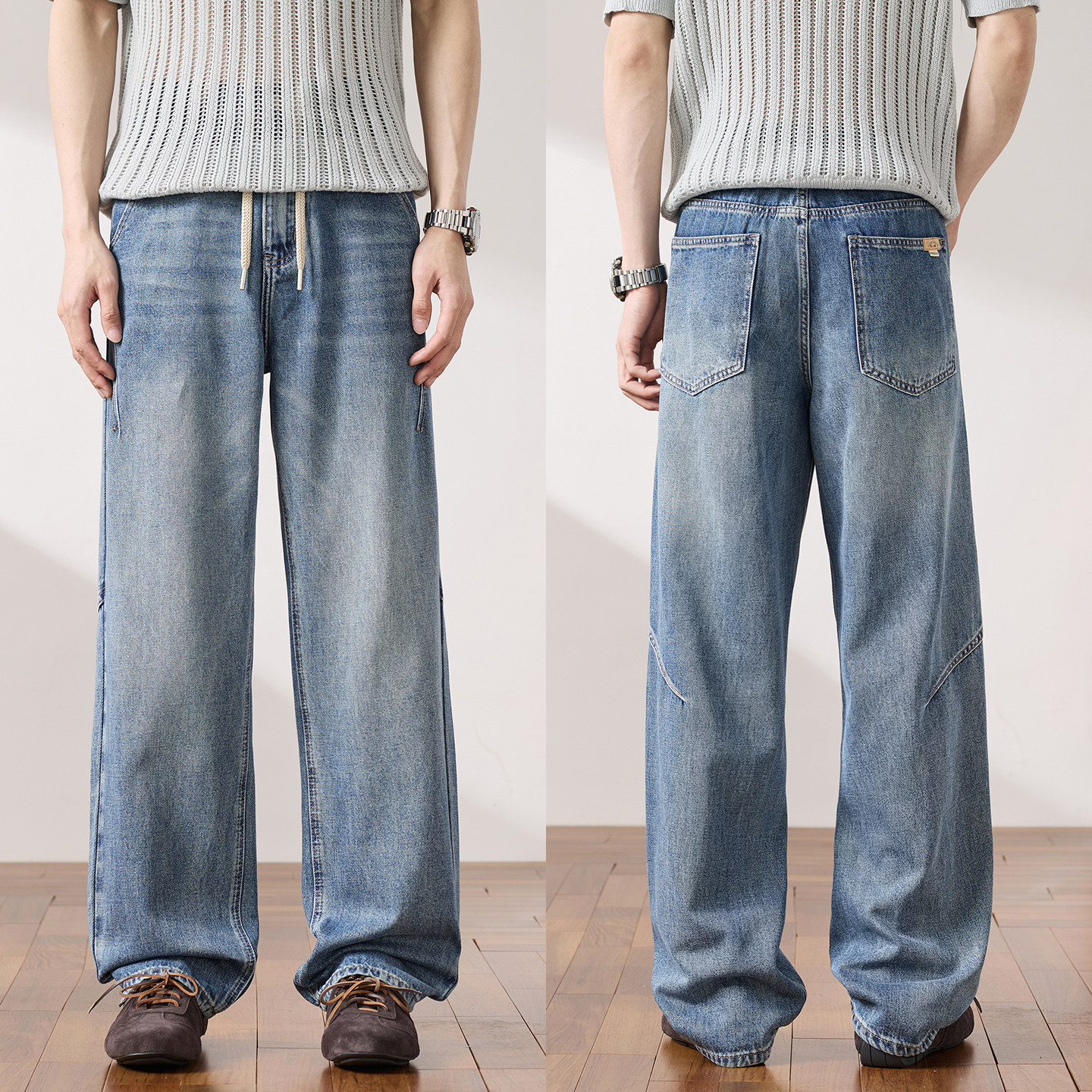 美式复古做旧水洗抽绳牛仔裤男 宽松阔腿直筒裤 高街vibe风裤子