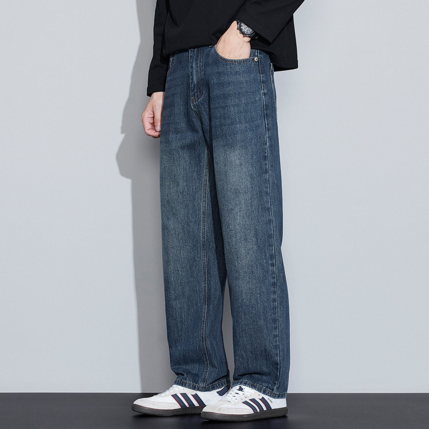 经典蓝水洗直筒牛仔裤男 宽松阔腿垂感显瘦百搭休闲长裤