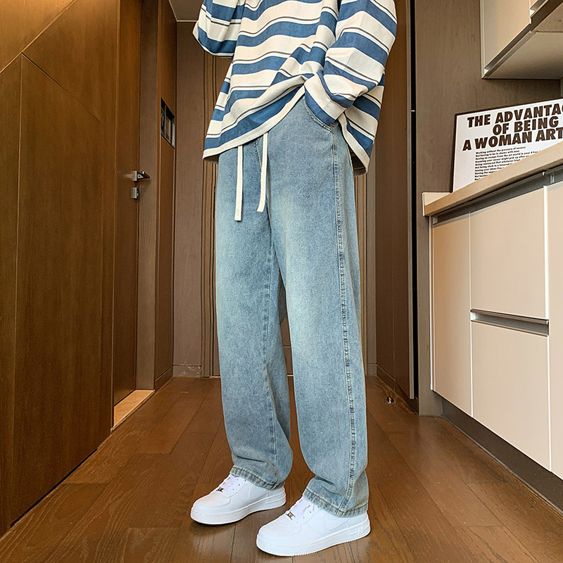 牛仔裤男秋季美式男款裤子阔腿裤男裤休闲直筒裤长裤蓝色潮牌高街