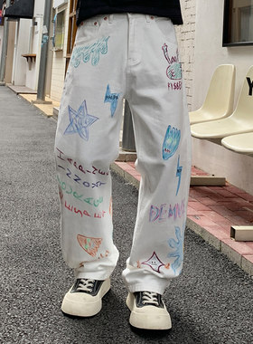 美式高街涂鸦潮牌印花泊克多闪电牛仔裤直筒百搭经典潮流男士长裤