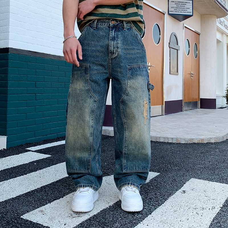 复古蓝渐变破洞牛仔裤男 宽松直筒阔腿裤 美式街头潮做旧水洗长裤