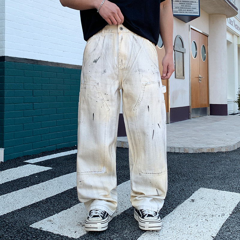 美式复古做旧水洗工装牛仔裤男 宽松阔腿直筒裤 高街vibe风裤子