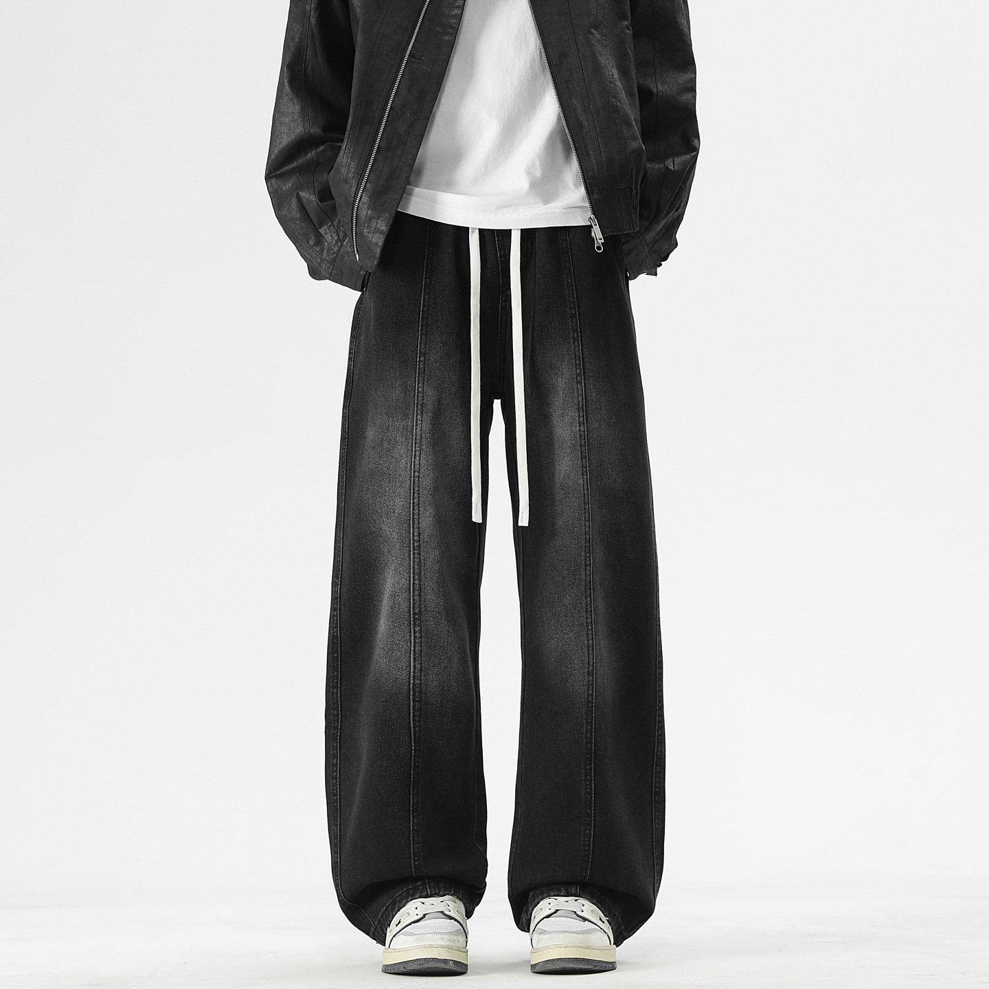 美式复古直筒牛仔裤男秋季潮牌阔腿高街宽松水洗抽绳休闲长裤子男