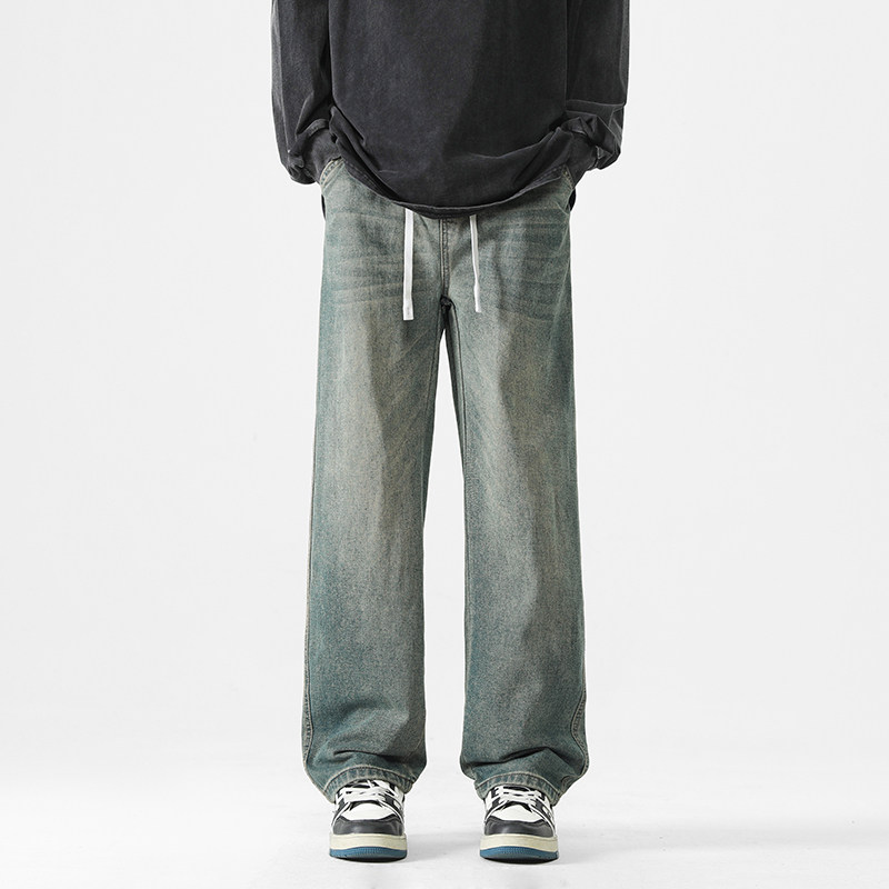 美式复古水洗抽绳牛仔裤男 宽松直筒阔腿垂感痞帅休闲长裤