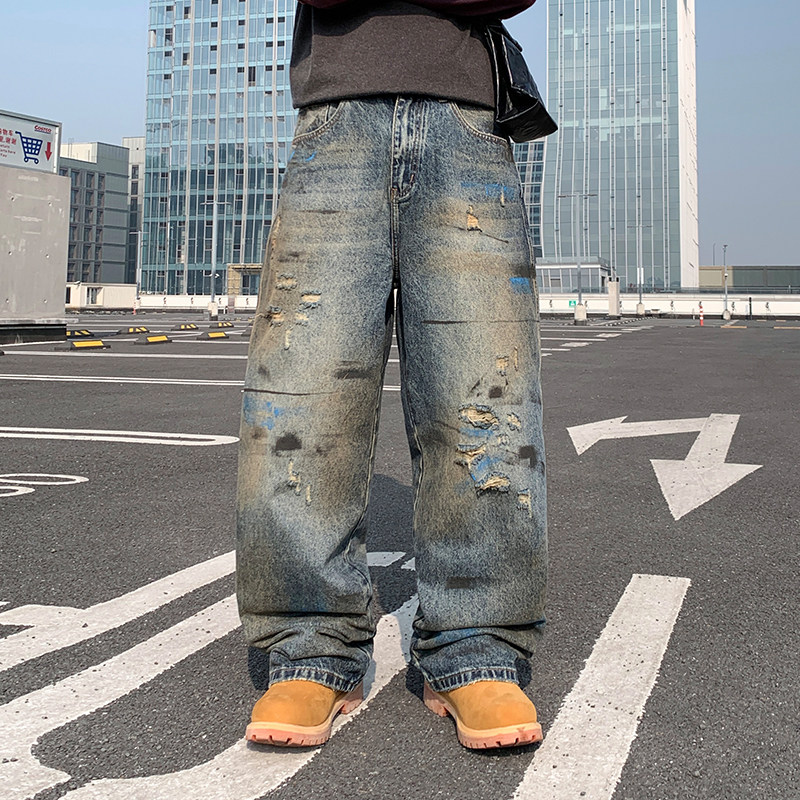 美式复古水洗做旧脏脏裤男潮牌宽松直筒阔腿牛仔裤高街vibe长裤子