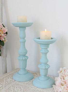 蓝色套二ins北欧复古木质烛台摆件素胚拍照道具家用客厅民宿摆件