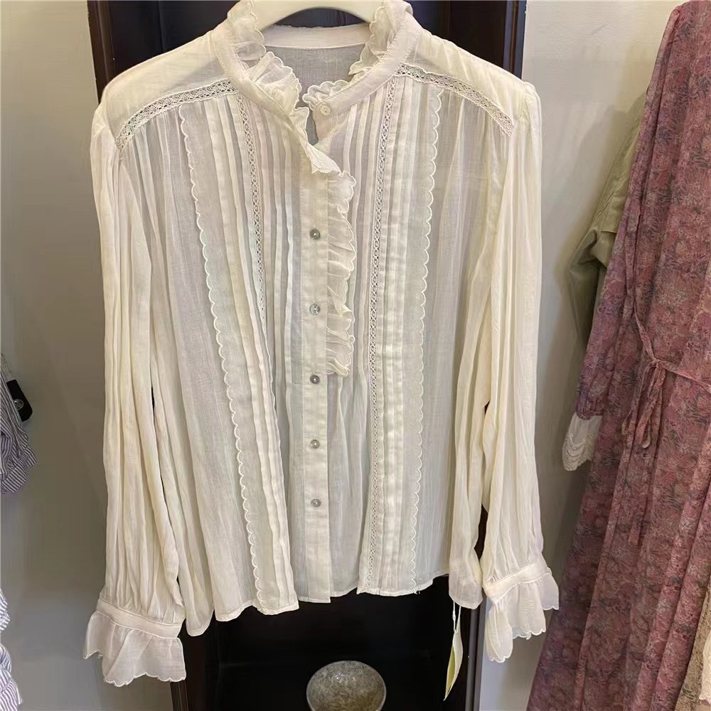 sicily衬衫女拼接花边小立领长袖衬衣2023春季新款别致洋气上衣女