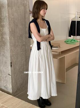 imiss韩标！法式气质甜美压褶蕾丝背心长裙宽松白色连衣裙女80538