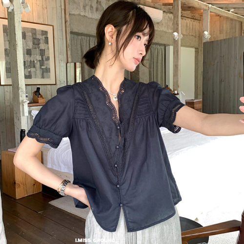 imiss法式花边V领短袖苎麻衬衫女