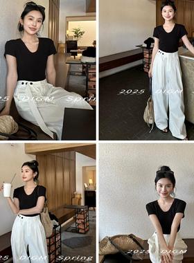 推荐！DIGM新款韩系简约百搭舒适纯色V领弹力显瘦短袖T恤女60382