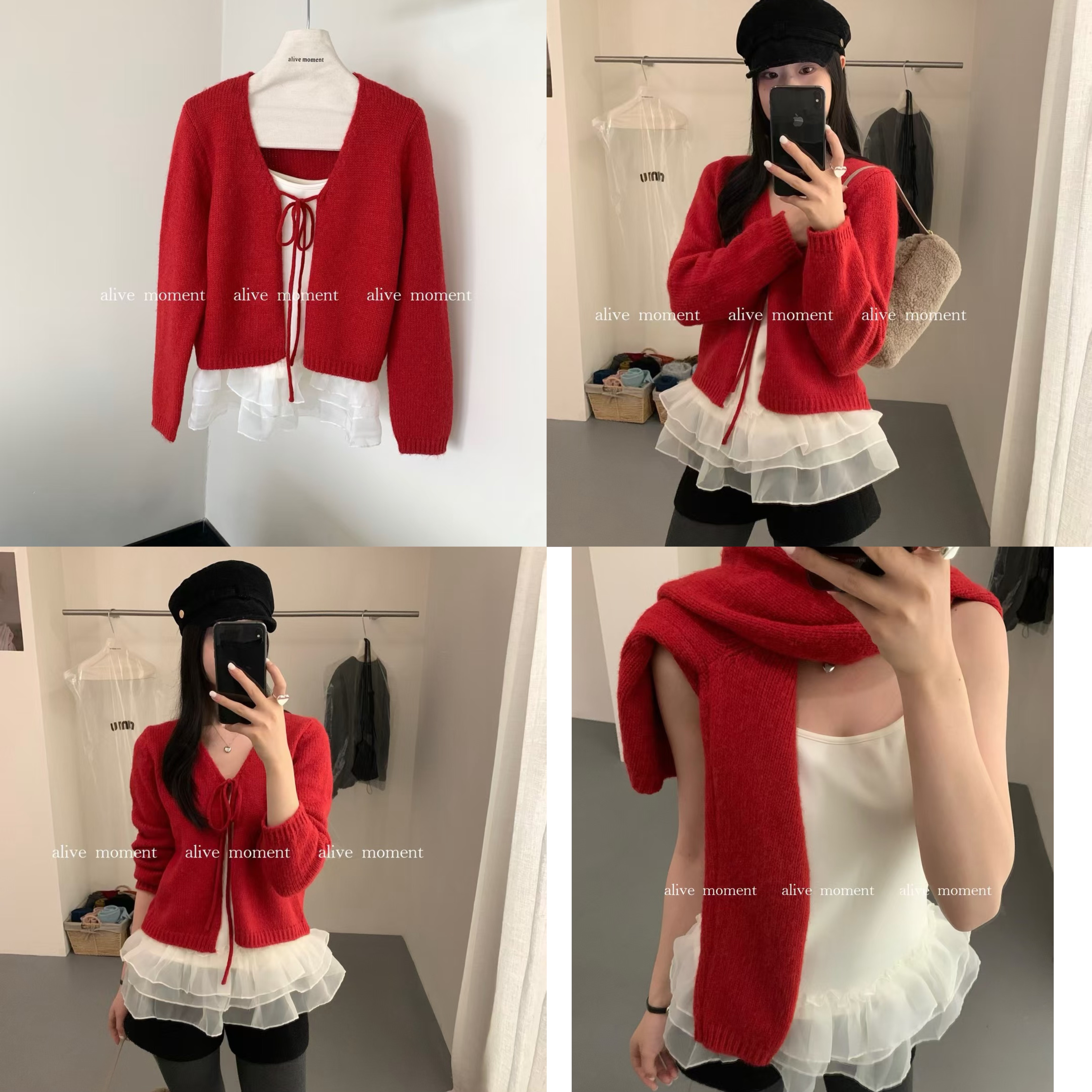 alive花边吊带+红色针织毛衣开衫