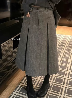 KAPOK秋冬2025百搭加厚磨毛人字纹百褶羊毛半身中裙半身裙女25820
