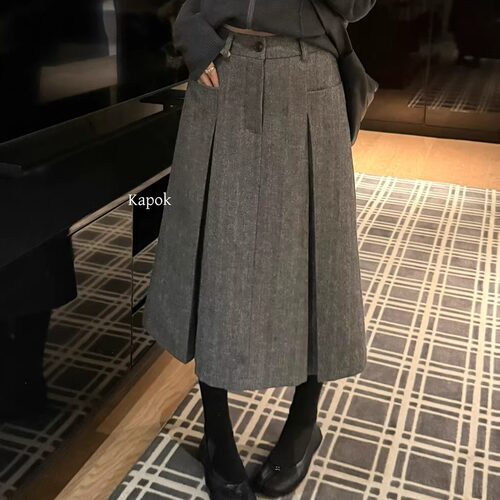 百褶羊毛半身中裙半身裙女