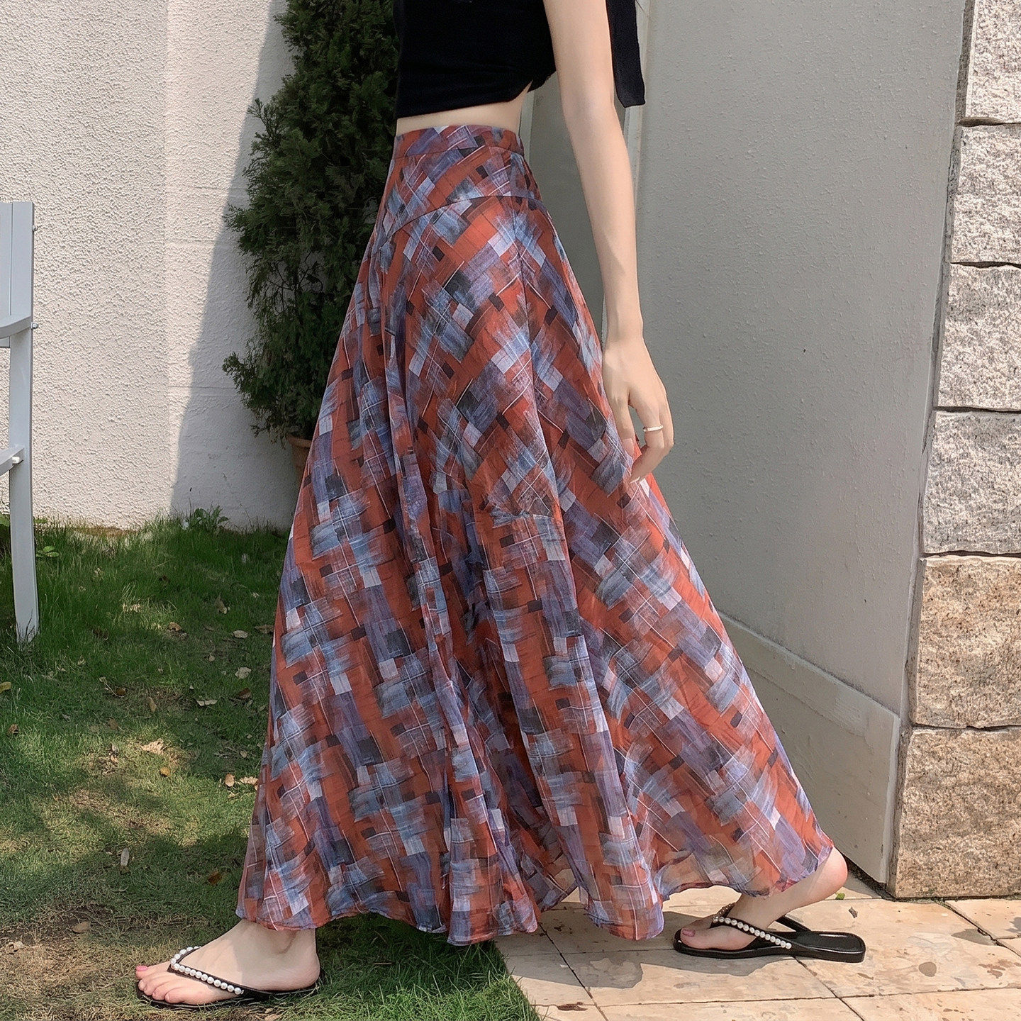 度假风印花不规则鱼尾半身裙女2026夏季薄款绝美中长款雪纺碎花裙