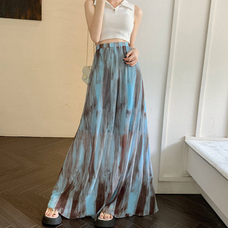 设计感拼接扎染大摆裙女2026春夏新款高腰显瘦褶皱长款蓝色半身裙
