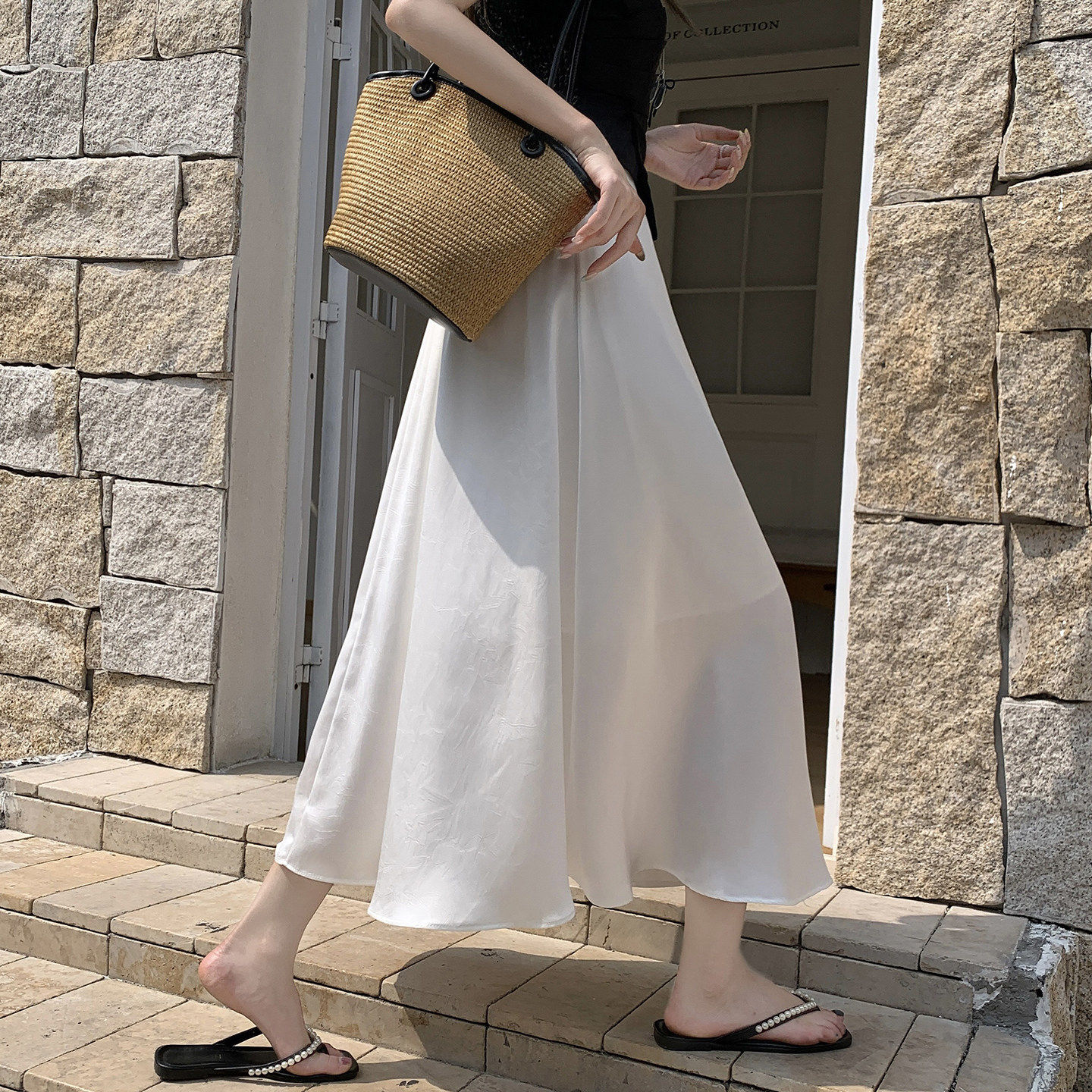 白色半身裙女中长裙夏季防透内衬裙垂感A字裙高腰显瘦过膝伞裙潮
