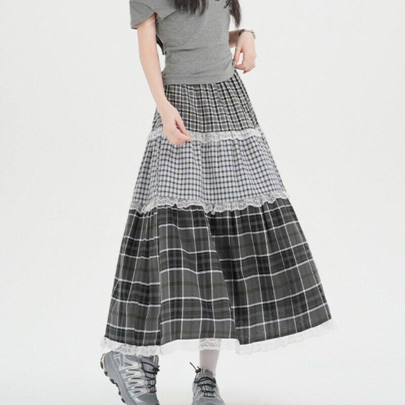 复古格子拼接蕾丝花边半身裙女2026春夏新款松紧腰A字中长款伞裙