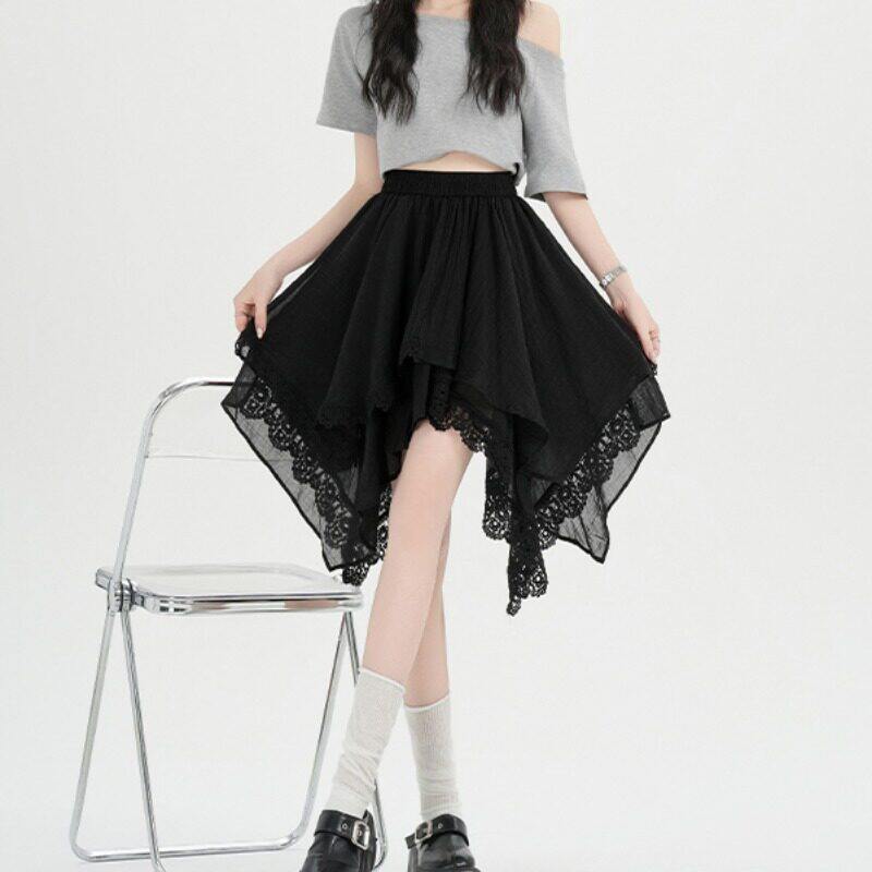 黑色不规则a字白色半身裙女2026春夏新款勾花蕾丝拼接中裙大摆裙