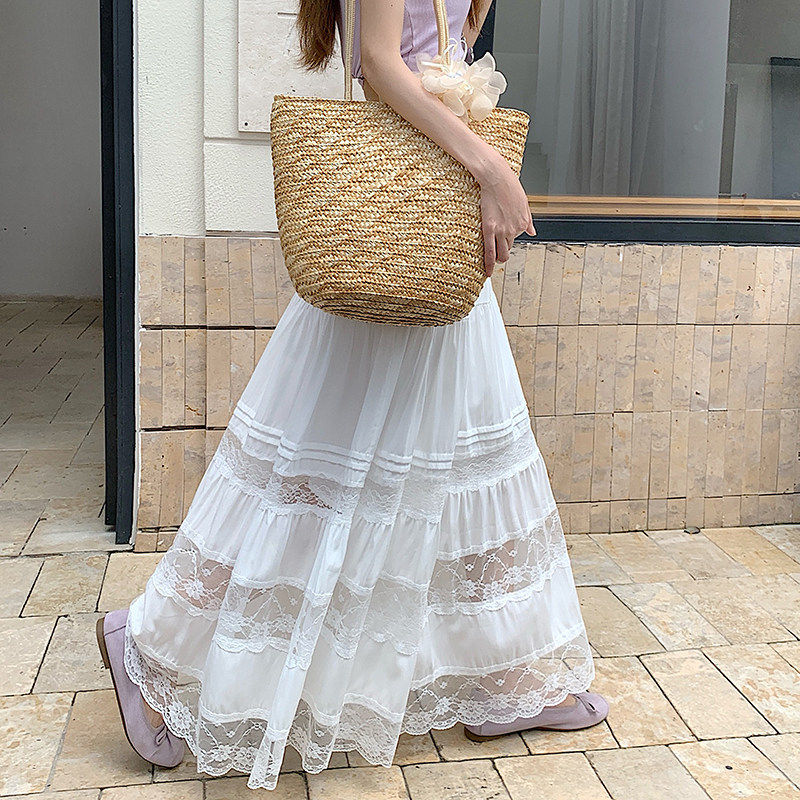 2026春夏新款蕾丝拼接半身裙女小众设计感松紧腰白色长款蛋糕裙