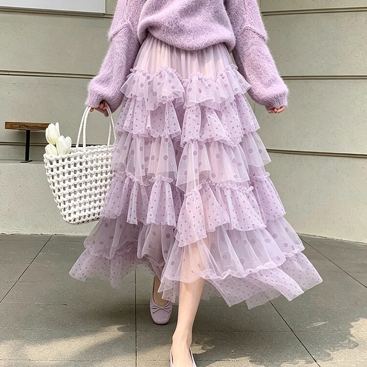 重工拼接波点网纱蛋糕裙半身裙女夏季新款显瘦裙子长裙半裙伞裙子