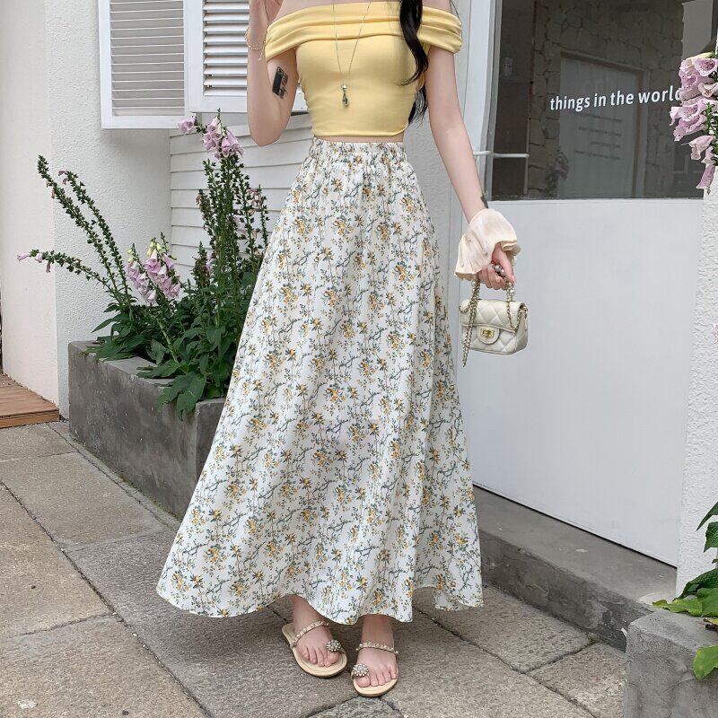 田园风碎花A字半身裙女2026夏季高腰百搭遮跨小个子中长款雪纺裙