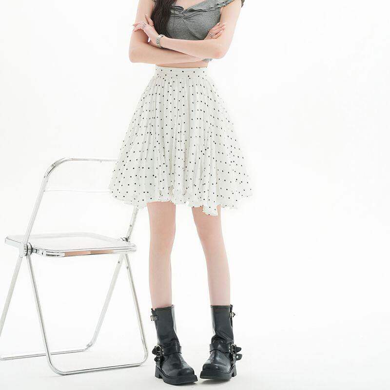 法式甜美风波点A字半身裙2026夏季高腰显瘦荷叶边蛋糕裙白色中裙