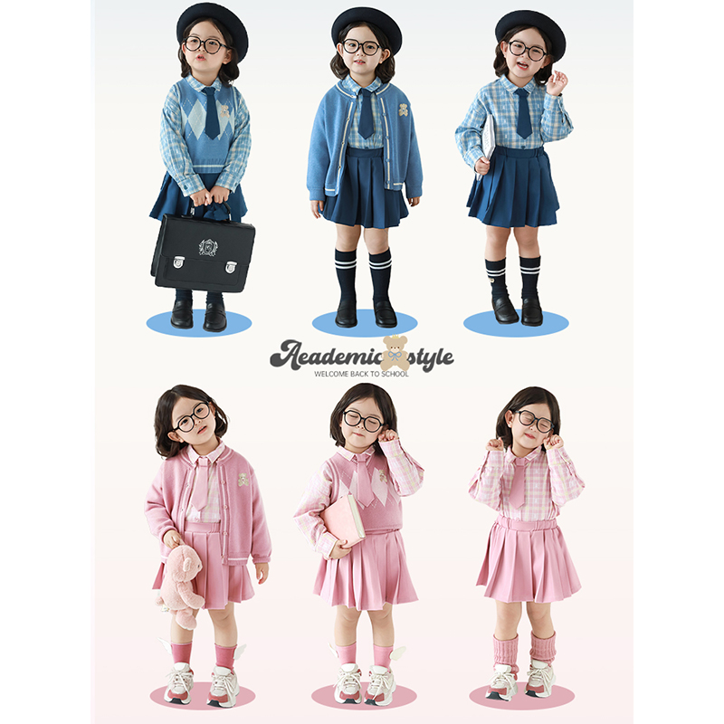 幼悠女童学院风套装春秋菱形格芝麻点提花毛衣马甲百褶短裙多件套
