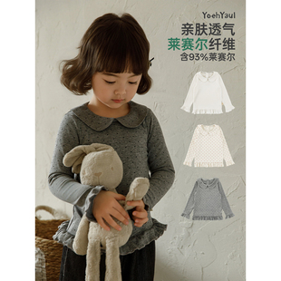 幼悠女童春季新款娃娃翻领波点莱赛尔打底衫时尚小巧合身儿童T恤