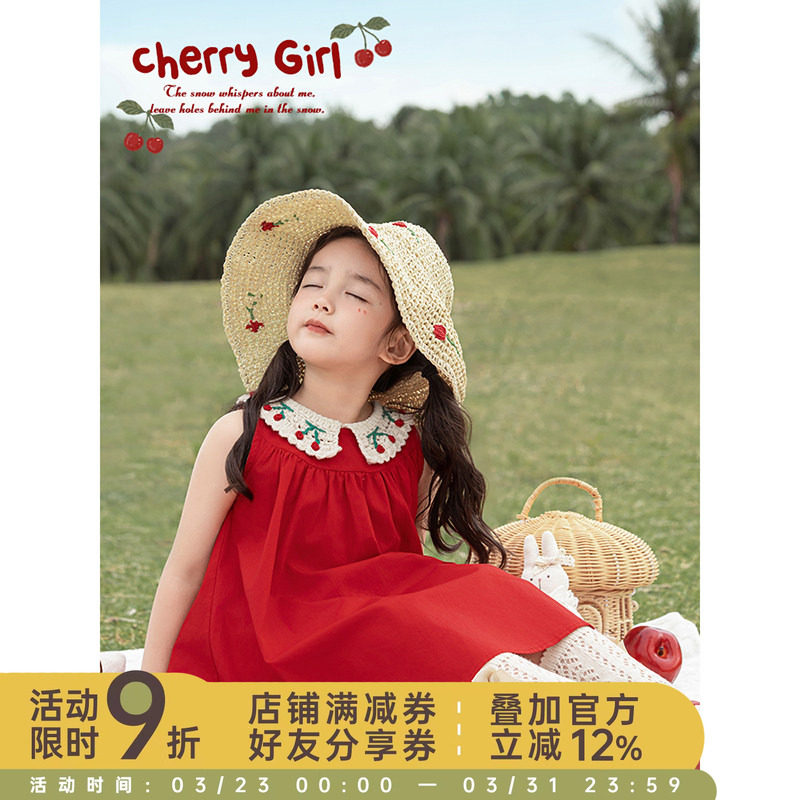 幼悠女童毛织樱桃翻领大裙摆背心裙夏季俏皮可爱清爽无袖连衣裙潮