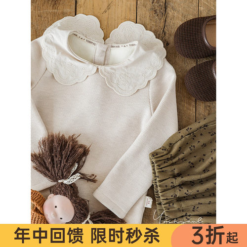 幼悠 女童波浪花边绣花翻领修身打底衫冬季法式坑条软弹交织T恤潮